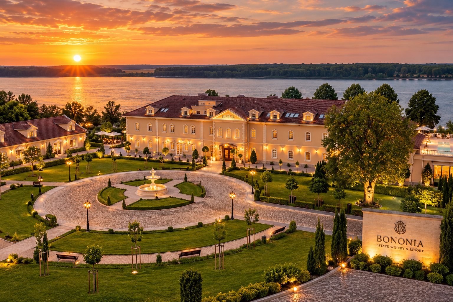 Bononia Estate Winery & Resort край Кошава, Видин – историческият винен комплекс сред градини на самия бряг на река Дунав.