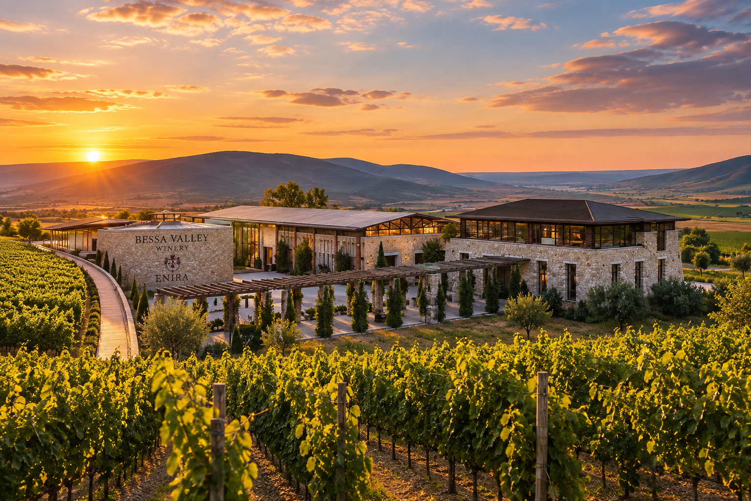 Bessa Valley Winery сред лозята в Тракийската низина – каменната винарна, в която се създават вината Enira.